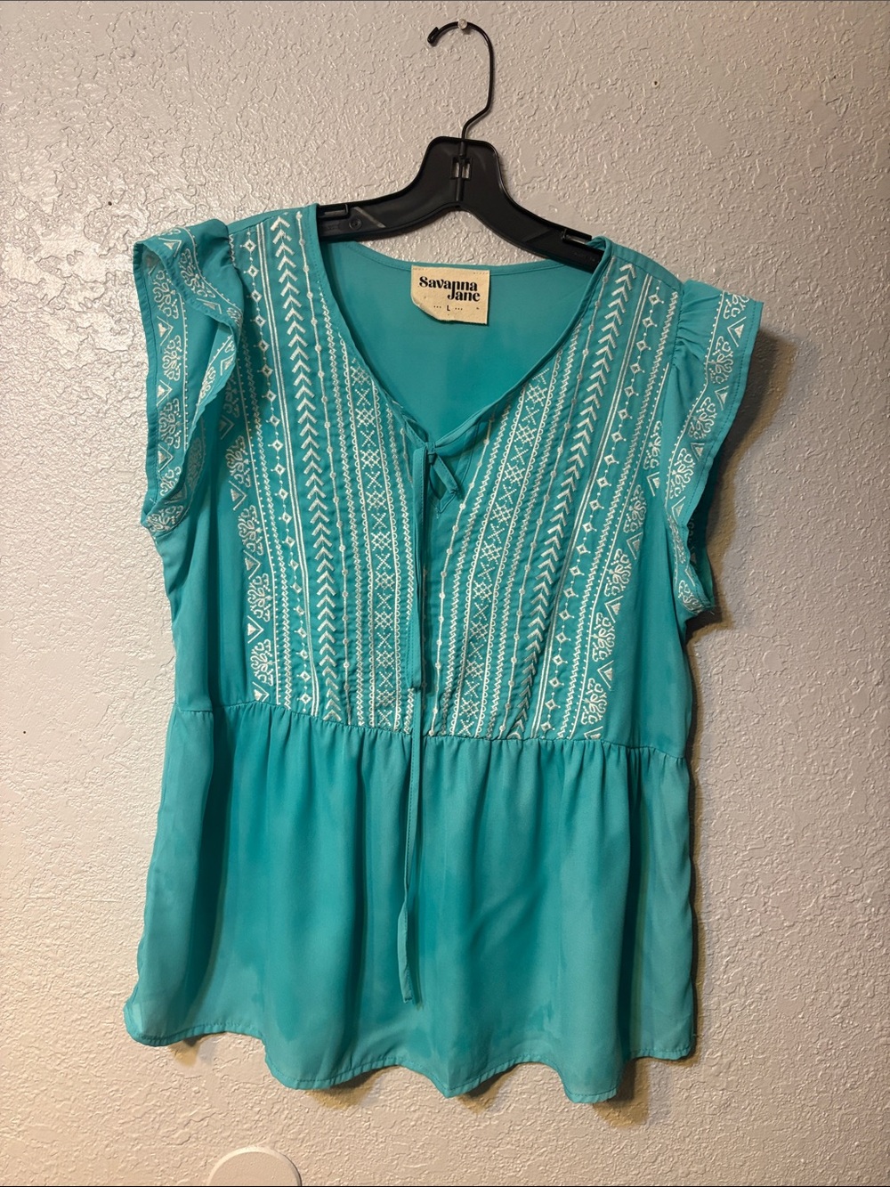 Savanna Jane Turquoise Embroidered Tie-Front Flutter Sleeve Blouse